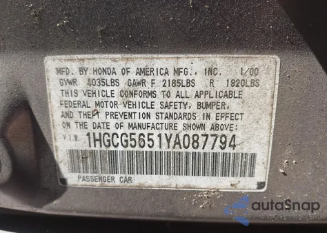 2000 Honda Accord 2.3 Ex from USA, damaged, VIN 1HGCG5651YA087794